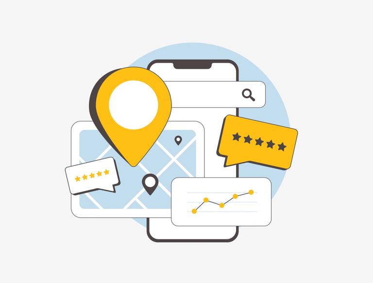 Pin on a map, graph showing upwards trend, and 5 stars representing a good review