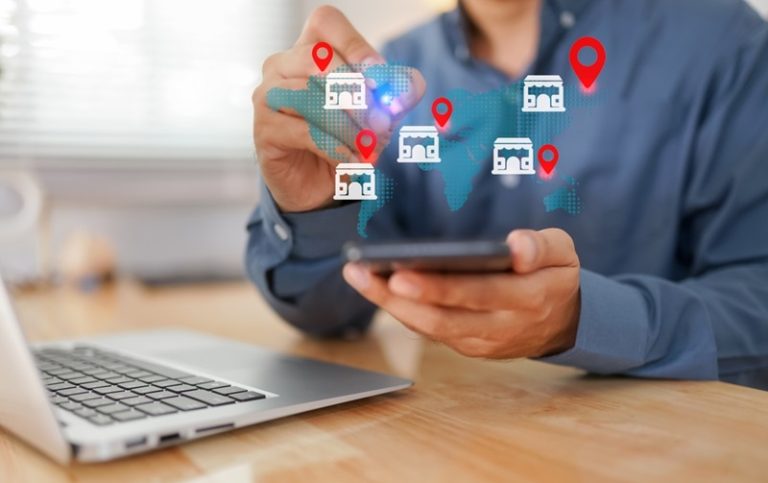 Online visibility represented with pins and business signs